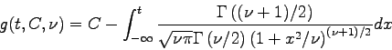 \begin{displaymath}
g(t,C,\nu) = C - \int_{-\infty}^{t}\frac{\Gamma\left((\nu+1)...
...\Gamma\left(\nu/2\right)\left(1+x^2/\nu\right)^{(\nu+1)/2}}dx
\end{displaymath}